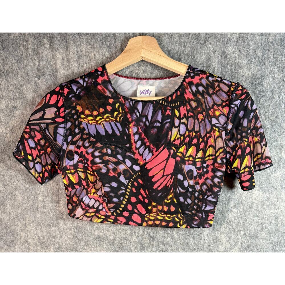 Yitty Lizzo Butterfly Mesh Crop Top Large Multicolor Cropped Short Sleeve Top